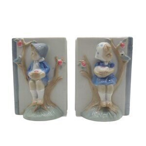 LEGO Japan Porcelain Boy And Girl Sitting In Apple Tree Bookends Japan Vintage